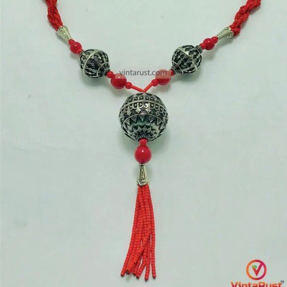 Handmade Red Beaded Necklace with Tribal Tassel Pendant, Beaded Chain Necklace - Picture 7 of 13